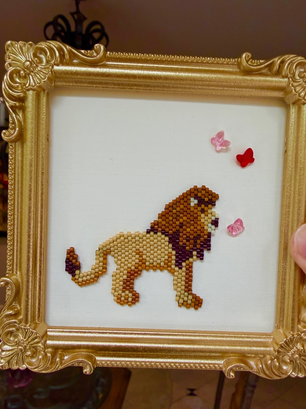Framed beaded lion with crystal butterflies - safari or nursery decor - Picture 8 of 8